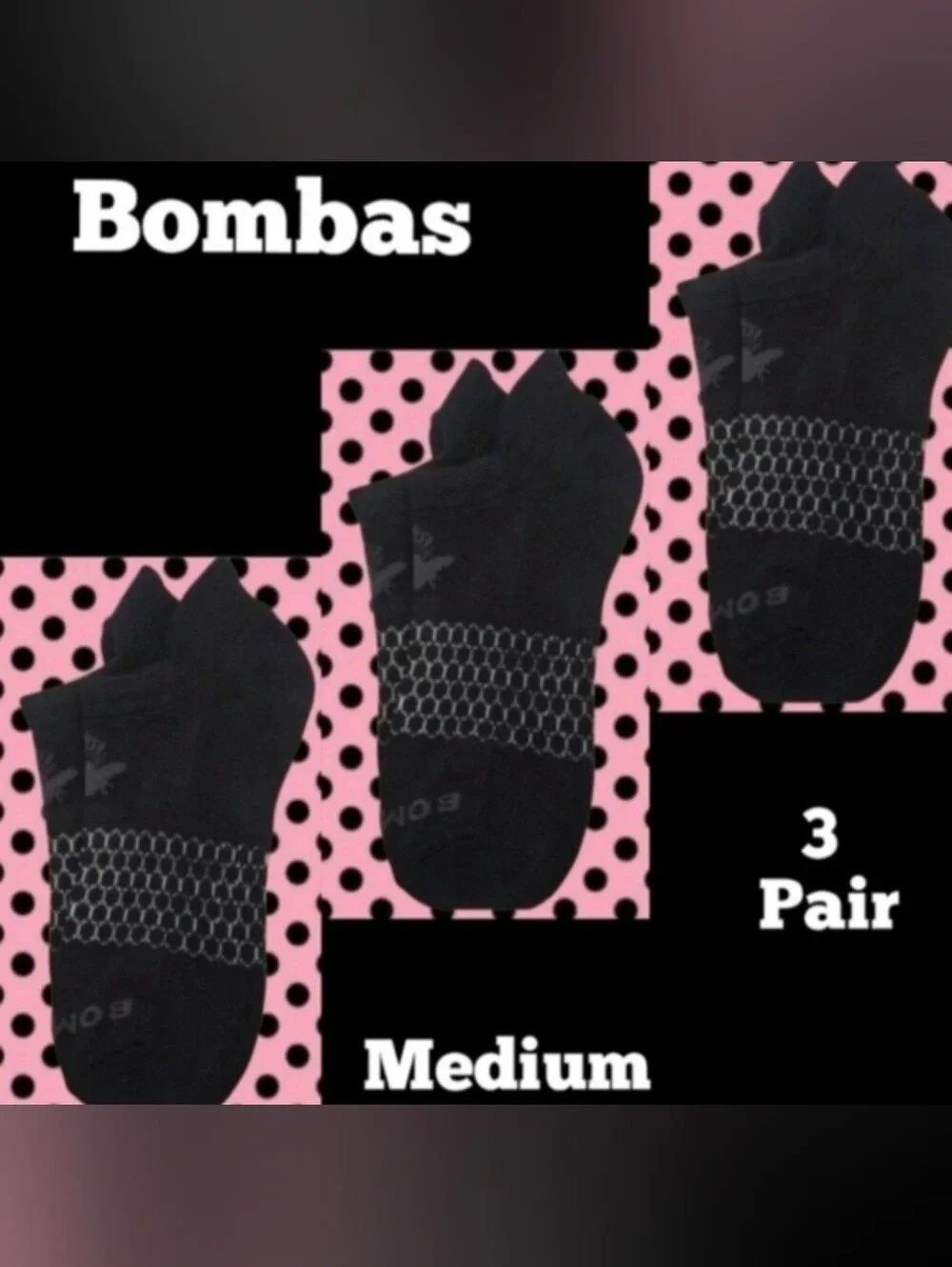 Bombas Ankle Socks Medium 3 Pair Unisex Womens & Mens Honeycomb Black/Grey BNWT